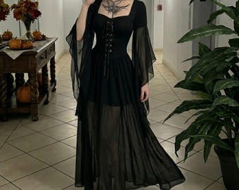 Gothic Lace-Up Maxi Dress for Her | Bell Sleeve Dress for Wedding Guest | Halloween Party Gown | Vampire Costume Idea