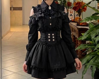 Halloween Outfit for Women, Gothic Lolita Dress for Goth Party, Black Ruffle Mini Dress for Concert, Victorian Costume Gift for Her Birthday