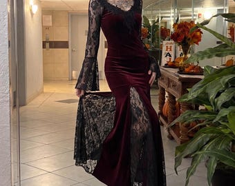 Burgundy Gothic Maxi Dress for Her | Wedding Guest Dress for Vampire Costume | Halloween Party Gown | Witchy Formal Outfit