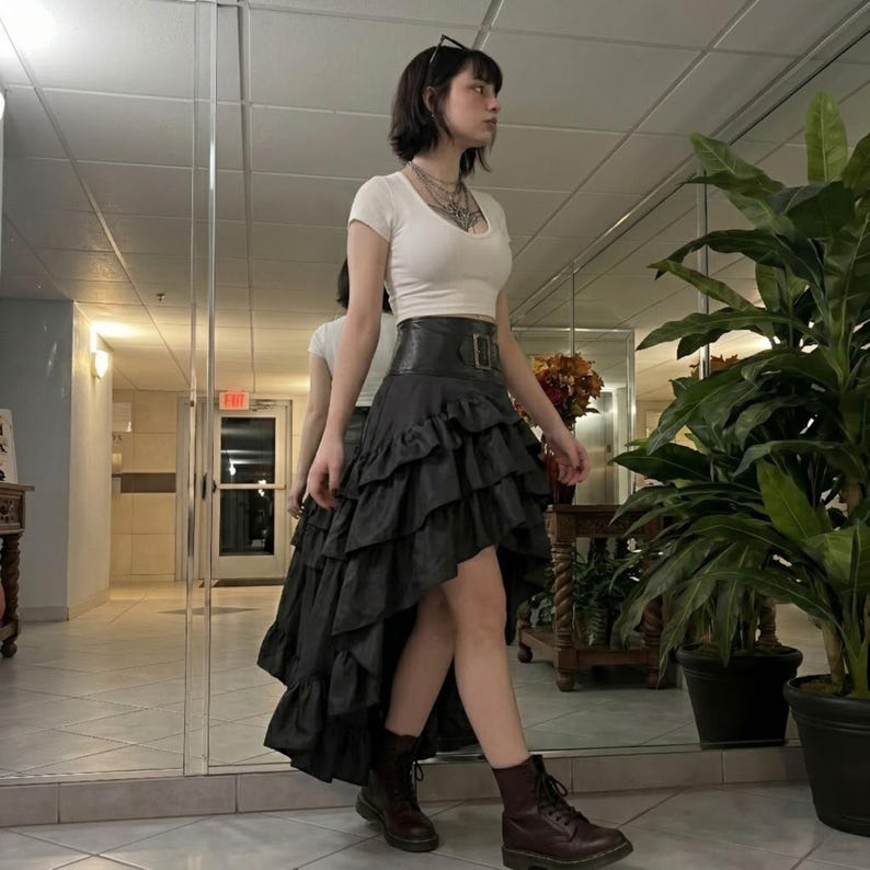 Tiered Ruffle Gothic Skirt Women High Low Layered Black Halloween Gift