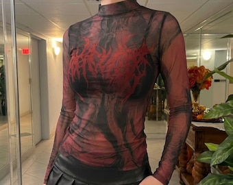 Gothic Mesh Top for Her | Red Flame Print Top for Concert | Long Sleeve Sheer Top | Mock Neck Alt Fashion