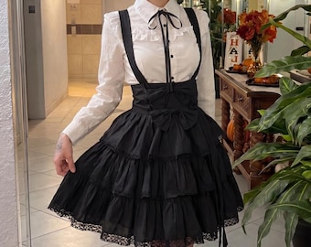 Gothic Lolita Suspender Skirt Set, Black Polyester Ruffle Skirt, Harajuku Outfit for Women, Cosplay Tea Party Dress, Gift for Her