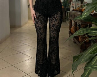Sheer Lace Flare Pants for Her | Gothic Bell Bottom Trousers for Layering | Wide Leg Lace Pants | Alt Fashion Bottoms