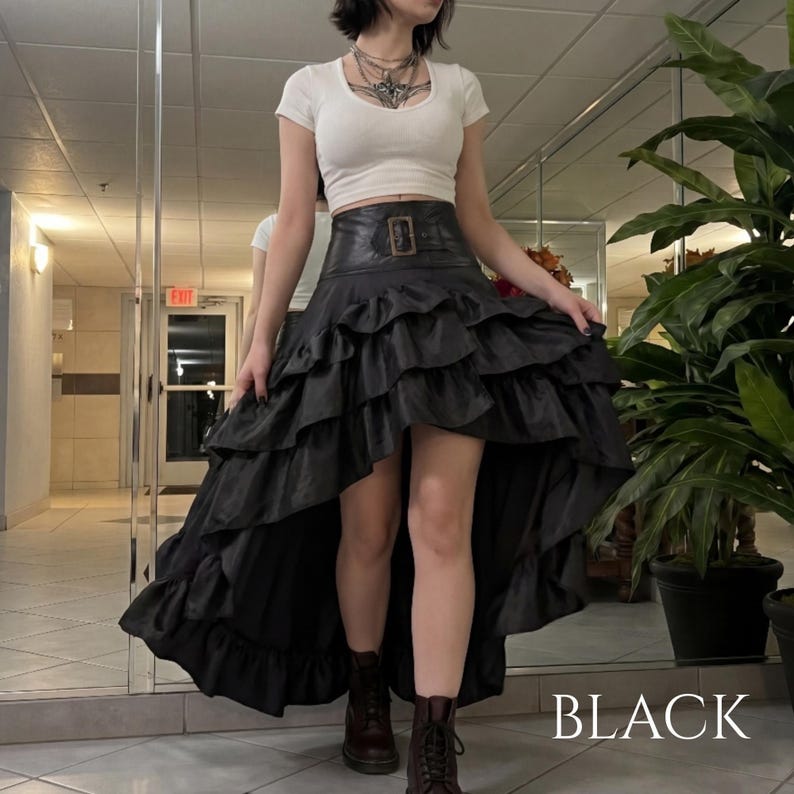 Tiered Ruffle Gothic Skirt Women High Low Layered Black Halloween Gift