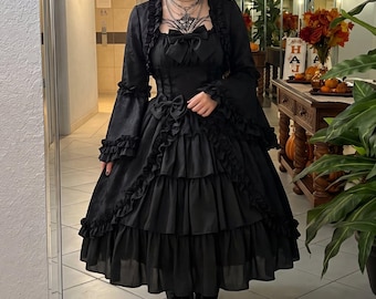 Gothic Lolita Dress Women Black Victorian Tea Party Outfit Goth Prom Halloween Costume Ruffle Chiffon Midi Gift for Her