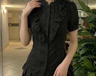 Black Ruffle Victorian Blouse for Her | Puff Sleeve Dark Academia Shirt | Gothic Cottagecore Top | Renaissance Faire Outfit