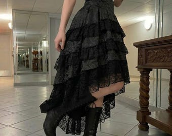 Birthday Gift Teen Girl Asymmetrical Maxi Black Lace Tiered Skirt High Low Goth Ruffle