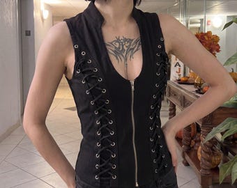 Black Polyester Gothic Corset Vest, Lace Up Zip Front Top, Punk Festival Womens Clothing