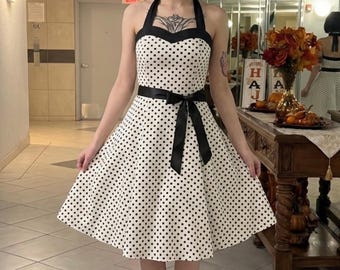 Polka Dot Halter Swing Dress Polyester Belted Bow Retro Pin Up Style Gift