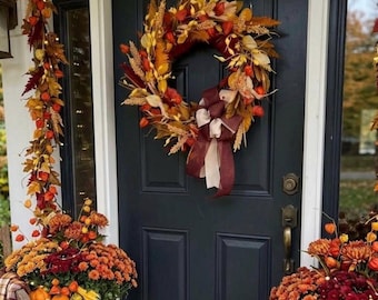 Fall Wreath for Front Door with Burgundy and Cream Bow, Large Autumn Harvest Grapevine Wreath, Premium Thanksgiving Door Decor
