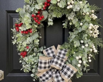 Split Berry Christmas Wreath for Front Door - 23 Inch Eucalyptus Holiday Grapevine - Buffalo Plaid Bow Winter Porch Decor, Asymmetrical Hang