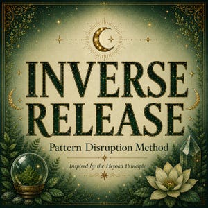 May include: A square graphic print featuring the text INVERSE RELEASE, Pattern Disruption Method, and Inspired by the Heyoka Principle. The design includes a crescent moon, stars, a glass orb with a tree, a crystal, and a lotus flower in green.