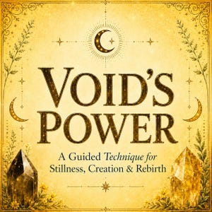 May include: A square graphic print with a golden yellow background featuring the text "VOID'S POWER" and "A Guided Technique for Stillness, Creation & Rebirth". The design includes a crescent moon, stars, floral accents, and two crystals.