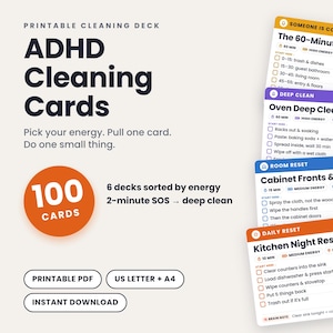 Tarjetas de limpieza para TDAH, 100 tarjetas de tareas imprimibles por nivel de energía, mazo de limpieza para la función ejecutiva para cerebros sobrecargados, orden y limpieza