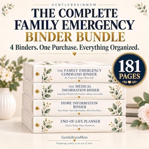 May include: A stack of four white binders titled The Family Emergency Binder Bundle, featuring gold hardware and green leaf illustrations. The spines are labeled The Family Emergency Command Binder, The Medical Information Binder, Home Information Binder, and End-of-Life Planner, totaling 181 pages.