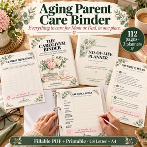 Könnte beinhalten: Ein Set aus Pflegeordnern für alternde Eltern, bestehend aus einem Betreuerordner, einem Vorsorgeplaner und einem Pflege-Kurzblatt. Die Seiten enthalten Abschnitte für Medikamente und Notfallkontakte, verziert mit floralen Akzenten.