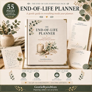 May include: A 55-page End-of-Life Planner binder with a cream cover featuring a candle and eucalyptus illustration. Includes a financial information snapshot, a letter to someone special, and a handwritten note, all with botanical accents.