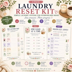 Può includere: Un kit stampabile per la gestione del bucato in tre pagine con decorazioni floreali e liste di controllo. Le pagine includono The Laundry Map, One Load At A Time e Digging Out, Gently. Il testo include istruzioni per il download immediato, formato A4 e sistemi adatti all'ADHD per l'organizzazione del bucato.