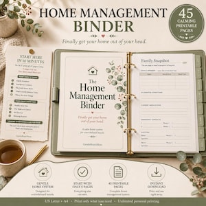 May include: A sage green three-ring home management binder featuring 45 printable pages. The open binder displays a title page with eucalyptus illustrations and a family snapshot form. Includes a start guide, a mug, and a gold pen.