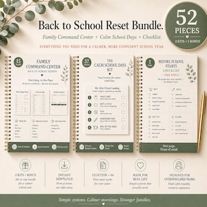 May include: A 52-piece Back to School Reset Bundle featuring three spiral-bound planners with dark green and cream accents. The set includes a Family Command Center, a Calm School Days Kit, and a Before School Starts Checklist with various organizational charts, routine lists, and task checkboxes for school year management.