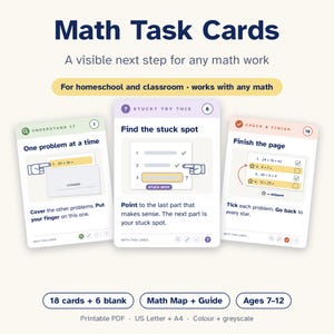 Może przedstawiać: Trzy prostokątne karty z zadaniami matematycznymi zawierające tekst instruktażowy i ilustracje. Karty są oznaczone jako Understand It, Stuck? Try This oraz Check & Finish. Zawierają ponumerowane kroki, ikony i wskazówki do rozwiązywania zadań.