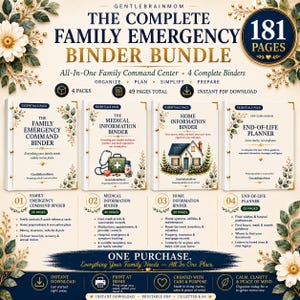 May include: A digital bundle of four binders titled The Complete Family Emergency Binder Bundle, including The Family Emergency Command Binder, The Medical Information Binder, The Home Information Binder, and The End-of-Life Planner, featuring floral accents.
