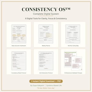 Può includere: Annuncio del sistema digitale completo "CONSISTENCY OST", con sei strumenti digitali per chiarezza, concentrazione e coerenza. L'immagine mostra un dashboard di esecuzione giornaliera, un pianificatore settimanale e una mappa di chiarezza mensile. Download digitale immediato in PDF.