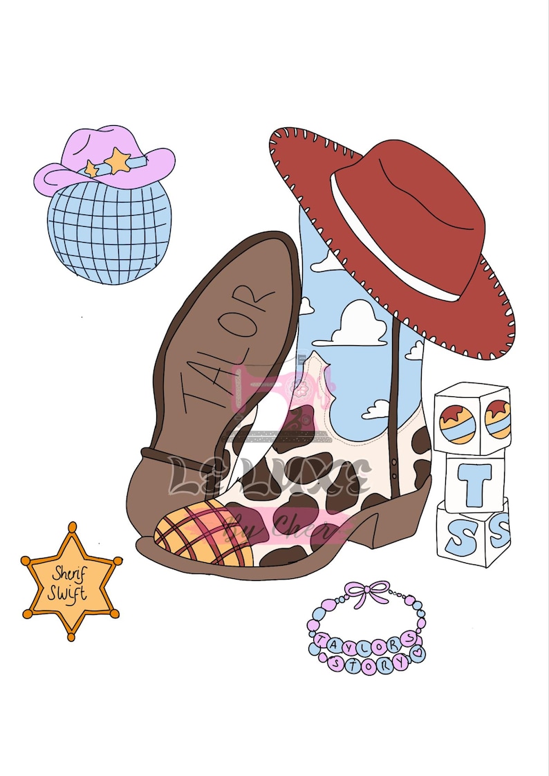 May include: A digital illustration featuring a cowboy boot with a cow print and sky pattern, a red cowboy hat, a light purple hat on a disco ball, a star-shaped badge labelled Sherif Swift, three alphabet blocks, and a beaded bracelet reading Taylor Story.