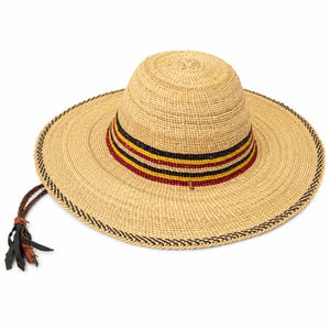 Handwoven African Straw Hat, Wide Brim, Unisex Hat, Adjustable Or Removable Leather Chin Strap, 22 Inches