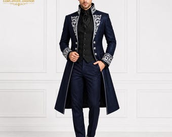 Luxury Navy Blue Victorian Groom Tailcoat Suit for Men | Embroidered Royal Wedding Prom Tuxedo Set | Gothic Formal Frock Coat Outfit