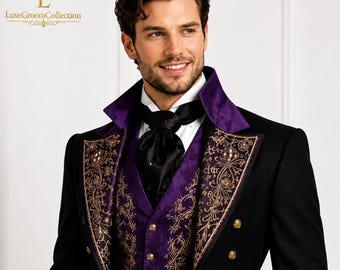 May include: A black jacket with a purple lapel and vest featuring gold embroidery. The ensemble includes a white collared shirt and a black cravat. The LuxeGroomCollection logo is visible in the top left corner of the image.