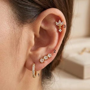 Floral Earring Set of 3 • Curved Flower Climber Studs • Dainty Gold Marquise Helix Stack