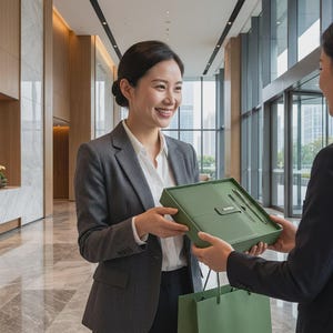 Puede incluir: Una caja de regalo verde salvia que contiene un cuaderno a juego y un bolígrafo plateado. La caja cuenta con una solapa de cierre magnético y es sostenida por una persona con blazer gris. El set se presenta en una bolsa de regalo a juego.