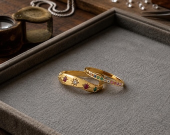 Set van hemelse ringen van 18 karaats goud, stapelringen in regenboogkleuren van sterling zilver, eeuwigheidsring met sterrenmotief, verfijnde kleurrijke edelsteensieraden, cadeau voor haar.