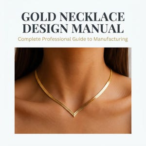 Puede incluir: Un collar de cadena de espiga dorada con un punto central en forma de V. La imagen incluye el texto GOLD NECKLACE DESIGN MANUAL y Complete Professional Guide to Manufacturing en la parte superior, en letras gris oscuro y doradas.