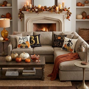Puede incluir: Un sofá seccional beige cuenta con cuatro cojines decorativos de Halloween con gráficos de calabazas, un gato y texto. Una mesa de centro de madera sostiene un cuenco de dulces y varias calabazas decorativas, incluida una con la etiqueta Casper, junto a una manta naranja.