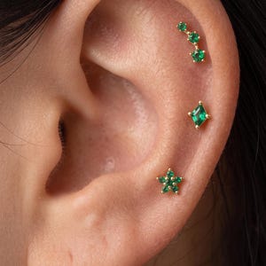 Emerald Earring Set of 3 • Curated Ear Stack Studs • Dainty Gold Flower Cartilage Piercing Set