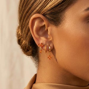 Gemstone Flower Earring Collection | 3-Piece Silver Stack | Citrine Orange Studs & Huggie Hoops | Luxury Ear Stack Set