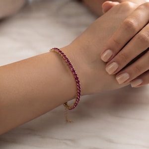 Custom Birthstone Tennis Bracelet, Stainless Steel Birth Month Gemstone Bracelet, Minimalist Personalised Gift for Her, Delicate Gold Chain