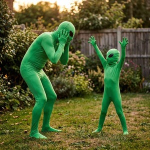 May include: Two green full-body spandex suits featuring integrated hoods with black oval eye patches. One suit is larger and one is smaller, both designed to resemble extraterrestrial beings with a sleek, form-fitting, monochromatic green fabric.