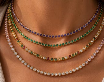 Gold Bezel Tennis Necklace Waterproof Sterling Silver Cubic Zirconia Choker Emerald Amethyst Rainbow Colored Stone Layering Jewelry Gift
