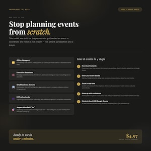 Può includere: Immagine scura con il testo "Stop planning events from scratch." L'immagine è un toolkit per la pianificazione di eventi, con sezioni per Office Managers, Executive Assistants, Small Business Owners, HR Professionals e Anyone Who Said "Yes".