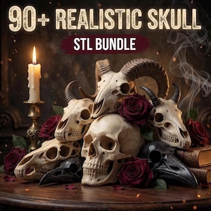 May include: A collection of various animal and human skulls arranged with deep red roses and a lit candle in a brass holder. The text 90+ REALISTIC SKULL STL BUNDLE is displayed at the top. The skulls are off-white and black, featuring horns.