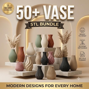 Op de afbeelding: Een digitale collectie van 50+ STL-bestanden voor 3D-geprinte vazen. De afbeelding toont diverse getextureerde vazen met spiraalpatronen in tinten groen, beige, terracotta, roze en zwart, gerangschikt op gelaagde platforms met tekst.