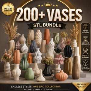 Può includere: Una collezione digitale di oltre 200 vasi in un pacchetto STL per la stampa 3D. L'immagine mostra vari vasi decorativi in diverse forme, texture e colori, tra cui beige, verde, nero e terracotta, alcuni riempiti con composizioni di fiori secchi.