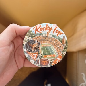 May include: A circular coaster featuring a graphic illustration of a bluetick coonhound wearing an orange and white checkered bandana, a football stadium, a football with a T logo, and the text Rocky Top, Tennessee, and Vols.