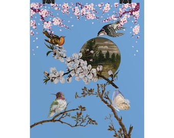Spring Wall Art | Cherry Blossom & Birds Print | Blue Cottagecore Poster | Aesthetic Bedroom Wall Decor, Fine Art Botanical Illustration