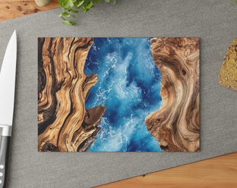 Ocean Resin Art Glass Cutting Board, Epoxy River Look Charcuterie Board, Ocean Wave Cheese Platter, Beach House Decor
