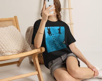 Cute Black Cat T-Shirt, Funny Hanging Cats Shirt, Geometric Blue Aesthetic Tee, Whimsical Cat Lover Gift, Cat Paw Prints Top, Graphic Tshirt
