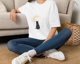 Celestial Cat T-Shirt, Black Cat Moon Shirt, Mystic Witchy Graphic Tee, Cottagecore Cat Lover Gift